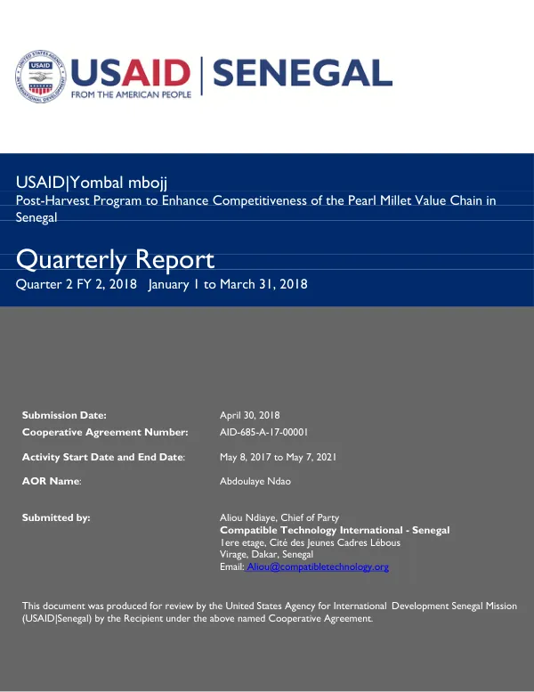 Quarterly Report: Post-Harvest Program to Enhance Competitiveness of the Pearl Millet Value Chain in Senegal