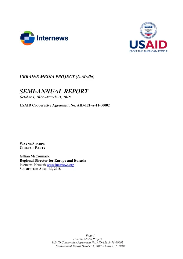 Ukraine Media Project Semi-Annual Report October 1, 2017 – March 31, 2018