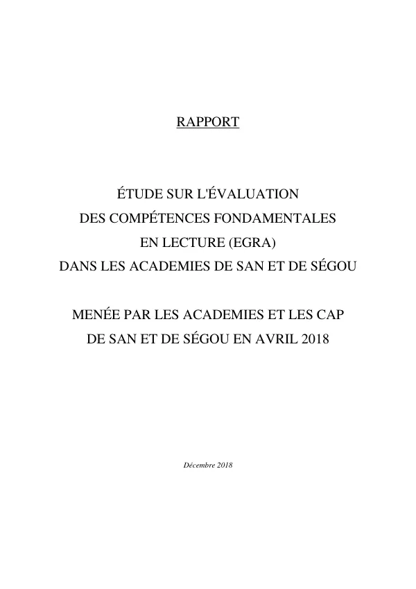 Rapport : Étude sur l'évaluation des compétences fondamentales en lecture (EGRA)