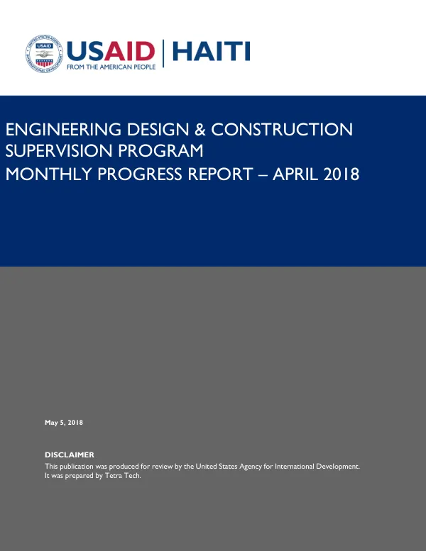 Engineering Design & Construction Supervision Program Monthly Progress Report – April 2018