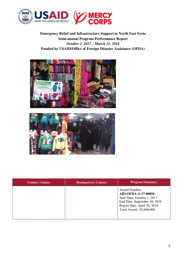 Emergency Relief and Infrastructure Support in North East Syria: Semi-annual Program Performance Report