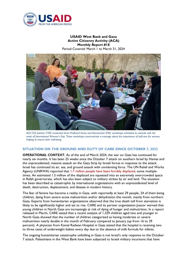 USAID West Bank and Gaza Active Citizenry Activity (ACA) Monthly Report #18