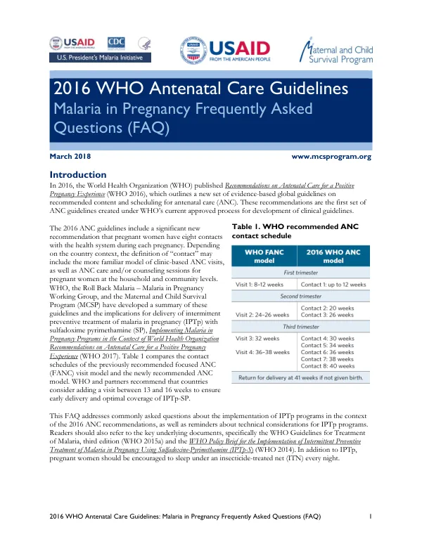 2016 WHO Antenatal Care Guidelines: Malaria in Pregnancy Frequently Asked Questions (FAQ)