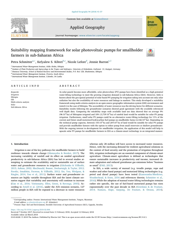 Suitability mapping framework for solar photovoltaic pumps for smallholder farmers in sub-Saharan Africa
