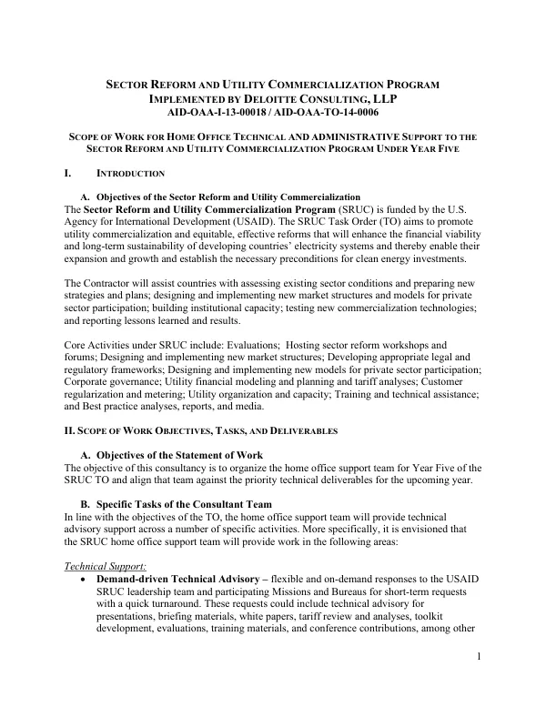 Scope of Work for Home Office Technical and Administrative Support to the Sector Reform and Utility Commercialization Program under Year Five