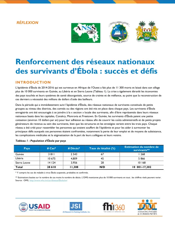 Renforcement des réseaux nationaux des survivants d’Ébola : succès et défis