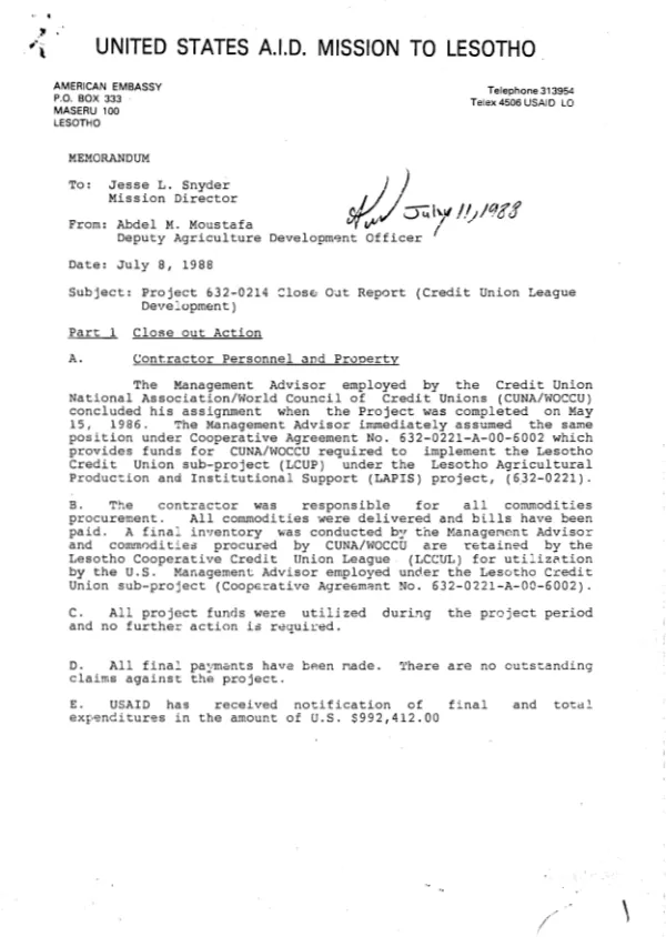 Memorandum to Jesse L. Snyder, mission director on project 632-0214 close out report (credit union league development)