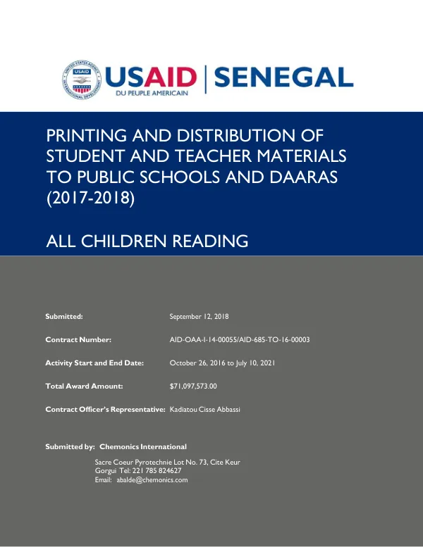 PRINTING AND DISTRIBUTION OF STUDENT AND TEACHER MATERIALS TO PUBLIC SCHOOLS AND DAARAS (2017-2018)