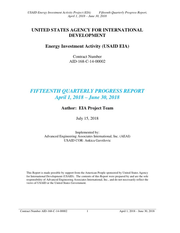 Fifteenth Quarterly Progress Report: Energy Investment Activity Project in Bosnia and Herzegovina
