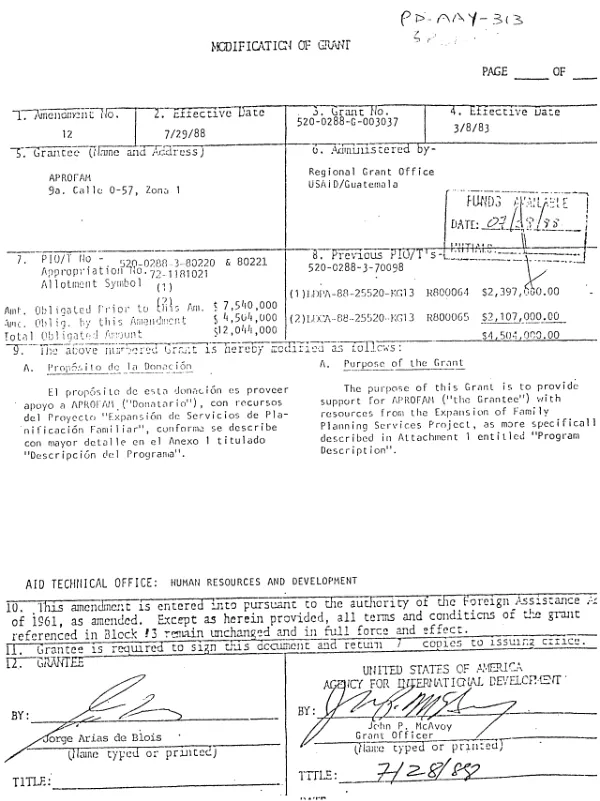 Modification of grant [(amendment no. 12) between AID and APROFAM]