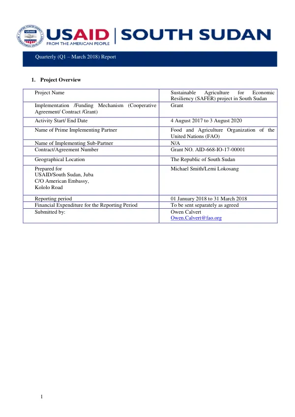 Quarterly (Q1 – March 2018) Report: Sustainable Agriculture for Economic Resiliency (SAFER) project in South Sudan