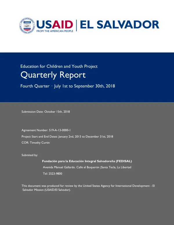 Education for Children and Youth Project Quarterly Report Fourth Quarter – July 1st to September 30th, 2018