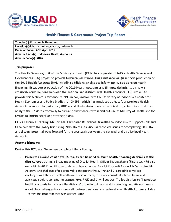 Health Finance & Governance Project Trip Report