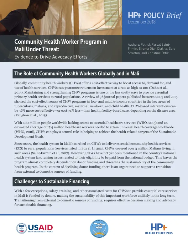 Community Health Worker Program in Mali Under Threat: Evidence to Drive Advocacy Efforts