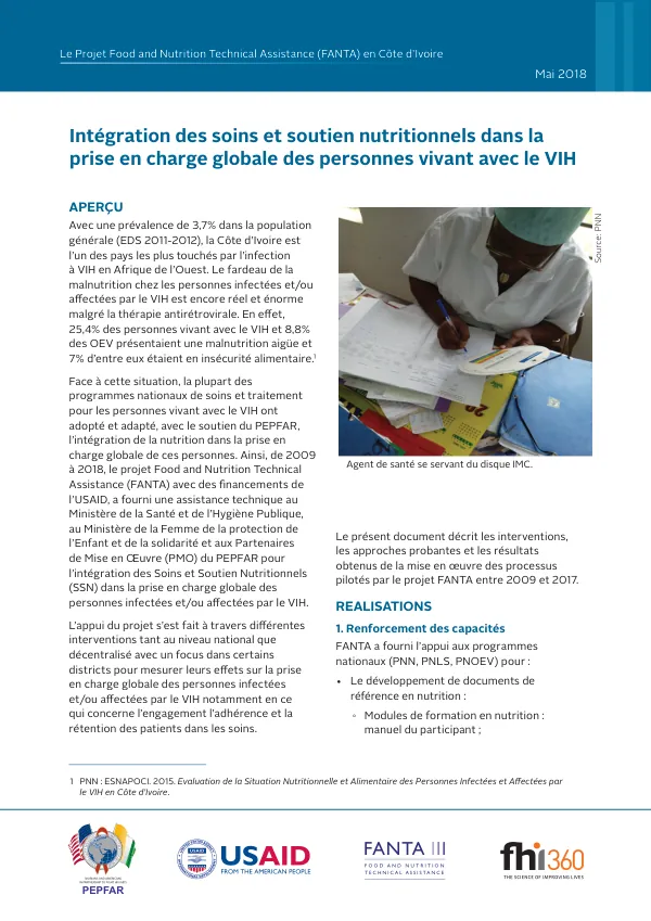 Intégration des soins et soutien nutritionnels dans la prise en charge globale des personnes vivant avec le VIH