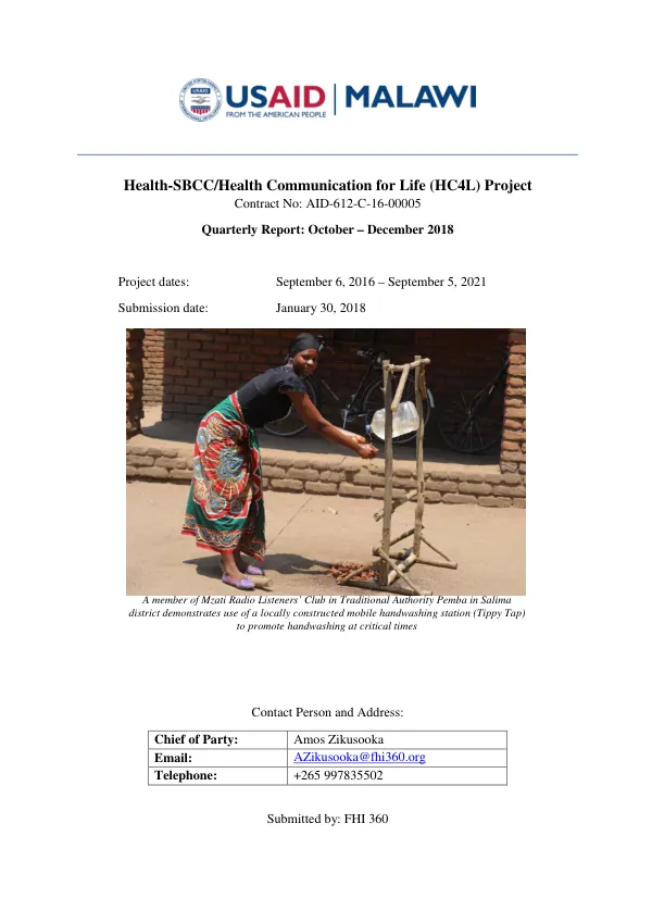 Quarterly Report: October – December 2018 for Health-SBCC/Health Communication for Life Project