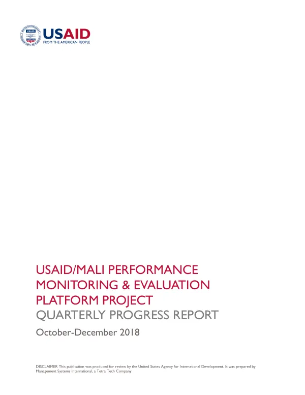 USAID/MALI PMEP PROJECT QUARTERLY PROGRESS REPORT, OCTOBER–DECEMBER 2018