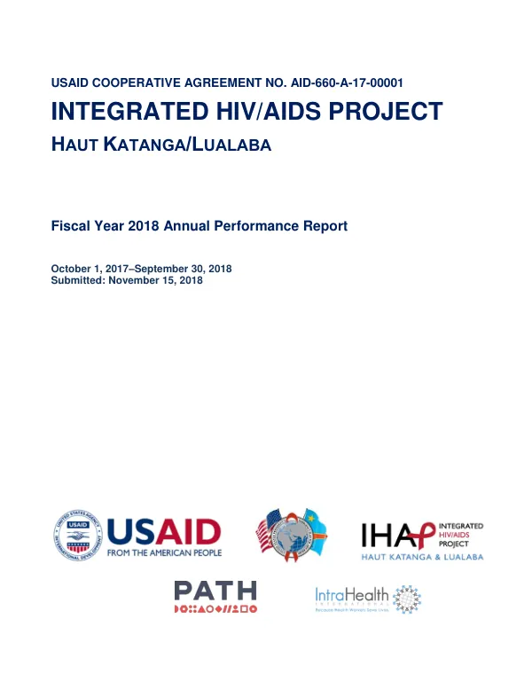 Fiscal Year 2018 Annual Performance Report: Integrated HIV/AIDS Project in Haut Katanga and Lualaba