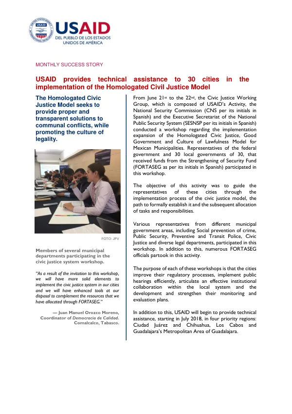 Monthly Success Story: USAID Provides Technical Assistance to 30 Cities in Implementation of Homologated Civil Justice Model