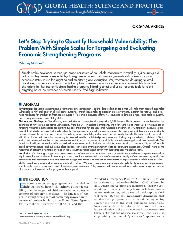 Let's Stop Trying to Quantify Household Vulnerability: The Problem With Simple Scales for Targeting and Evaluating Economic Strengthening Programs