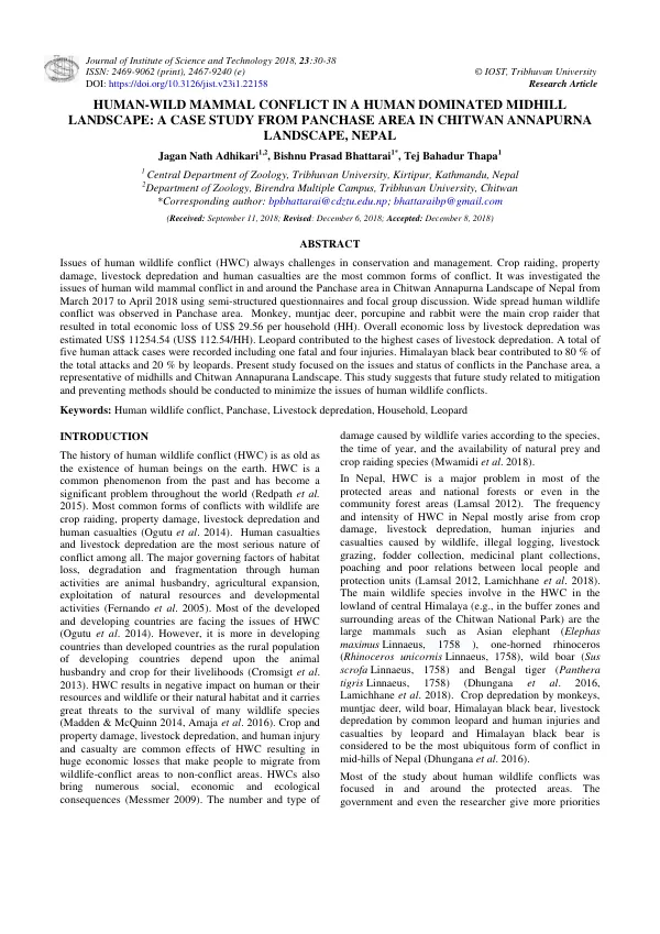 Human-wild mammal conflict in a human dominated midhill landscape: a case study from Panchase area in Chitwan Annapurna Landscape, Nepal