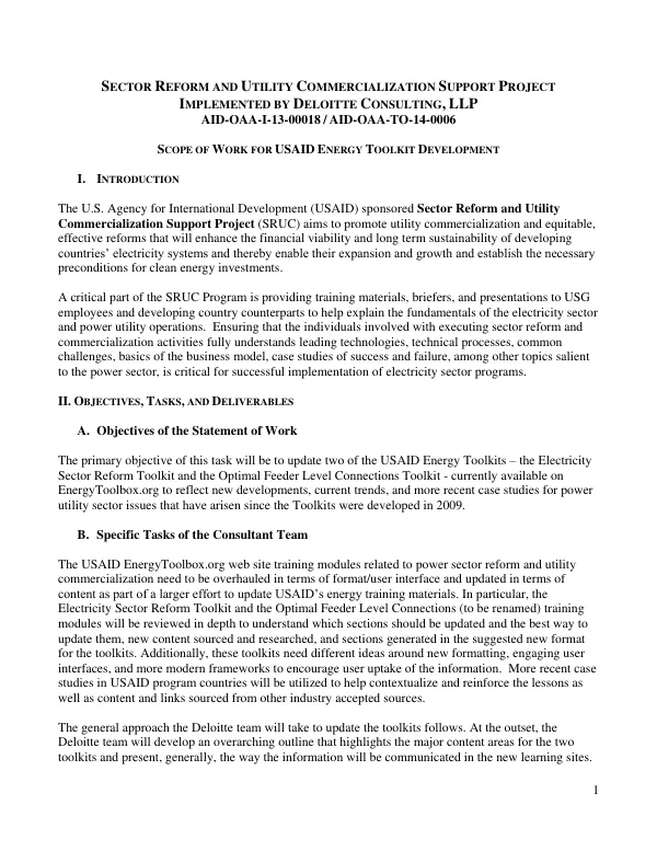 Sector Reform and Utility Commercialization Support Project: USAID Energy Toolkit Development