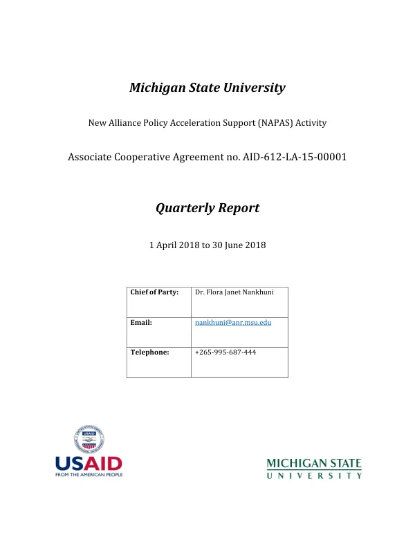 New Alliance Policy Acceleration Support: Malawi (NAPAS: Malawi) Activity Quarterly Report April 1, 2018 to June 30, 2018