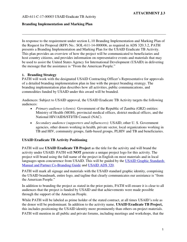 Branding Implementation and Marking Plan for the USAID Eradicate TB Activity