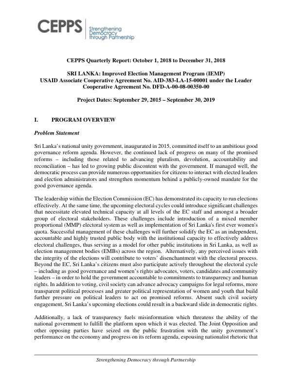 CEPPS Quarterly Report: October 1, 2018 to December 31, 2018