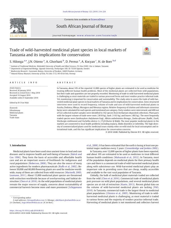 Trade of wild-harvested medicinal plant species in local markets of Tanzania and its implications for conservation