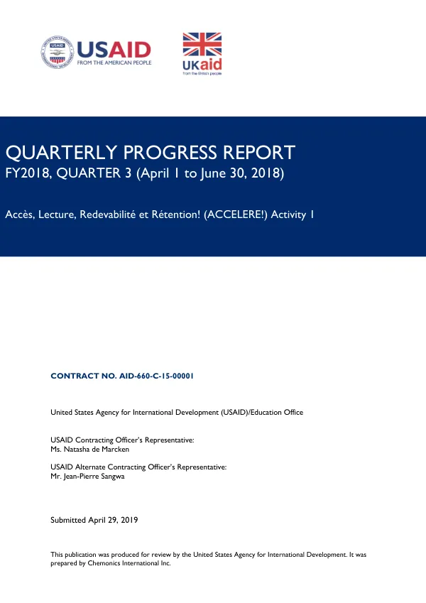 Quarterly Progress Report FY2018, Quarter 3 (April 1 to June 30, 2018)