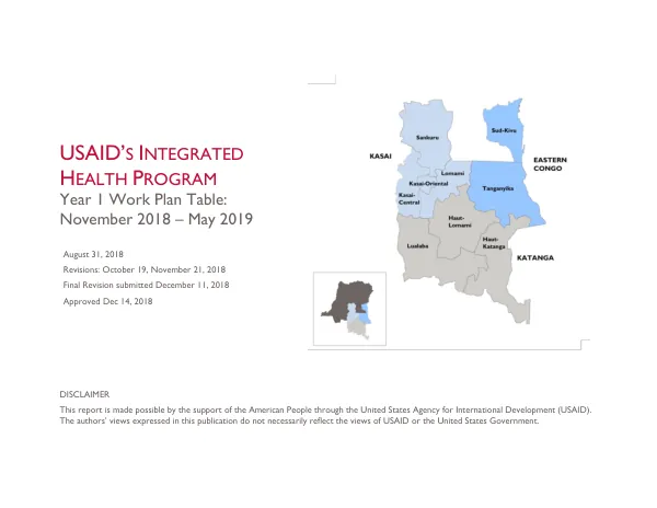 USAID'S INTEGRATED HEALTH PROGRAM Work Plan Table: November 2018 - May 2019