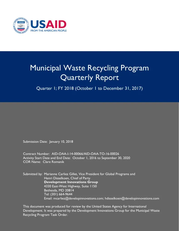 Municipal Waste Recycling Program Quarterly Report - Quarter 1; FY 2018
