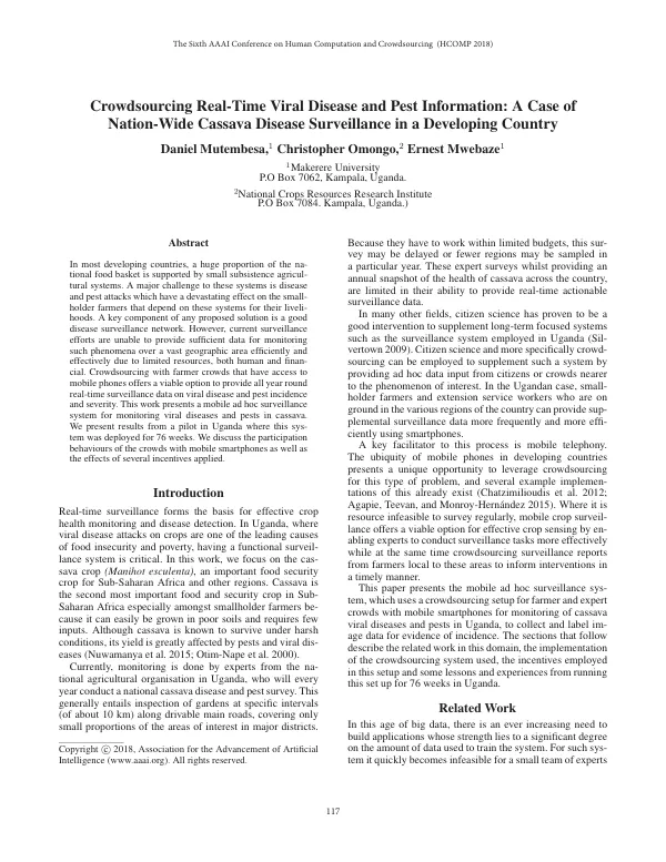 Crowdsourcing Real-Time Viral Disease and Pest Information: A Case Study of Nation-Wide Cassava Disease Surveillance in Uganda