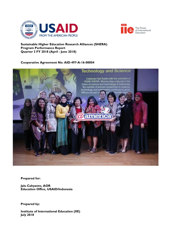 Sustainable Higher Education Research Alliances (SHERA) Program Performance Report Quarter 3 FY 2018 (April - June 2018)