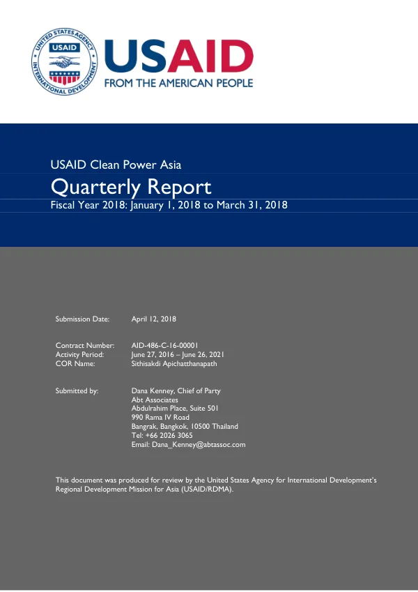 USAID Clean Power Asia Quarterly Report Fiscal Year 2018: January 1, 2018 to March 31, 2018