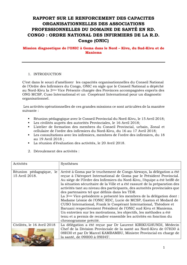 Rapport sur le renforcement des capacites organisationnelles des associations professionnelles du domaine de la sante en R.D. Congo : Ordre National des Infirmiers de la R.D. Congo