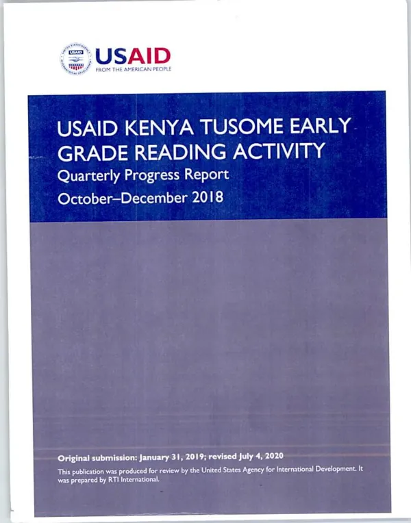 Tusome Quarterly Progress Report, October-December 2018