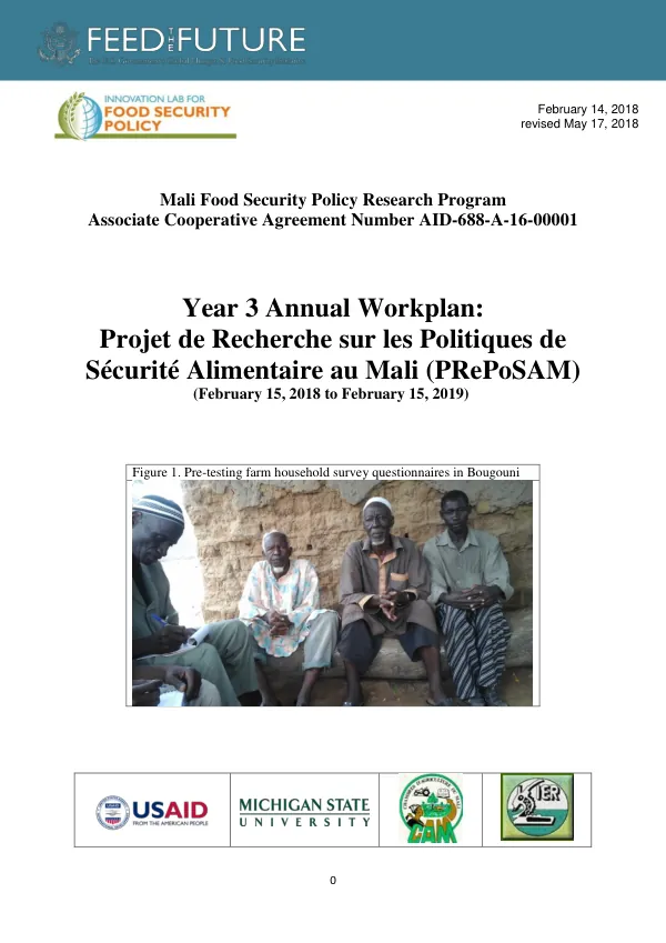 Year 3 Annual Workplan: Projet de Recherche sur les Politiques de Sécurité Alimentaire au Mali (PRePoSAM)