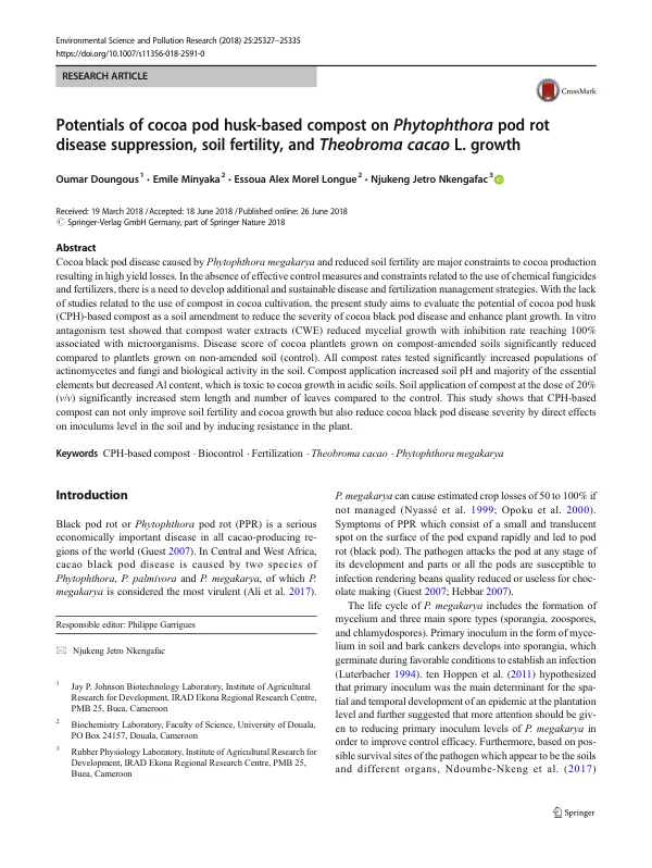 Potentials of cocoa pod husk-based compost on Phytophthora pod rot disease suppression, soil fertility, and Theobroma cacao L. growth
