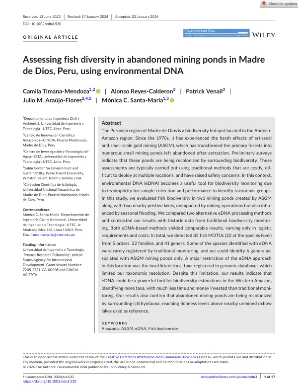Assessing fish diversity in abandoned mining ponds in Madre de Dios, Peru, using environmental DNA