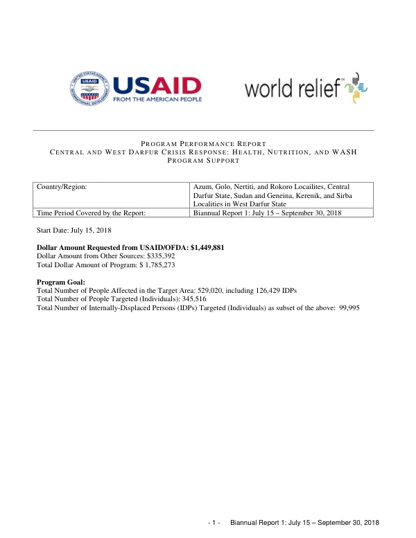 Central and West Darfur Crisis Response: Health, Nutrition, and WASH Program Support