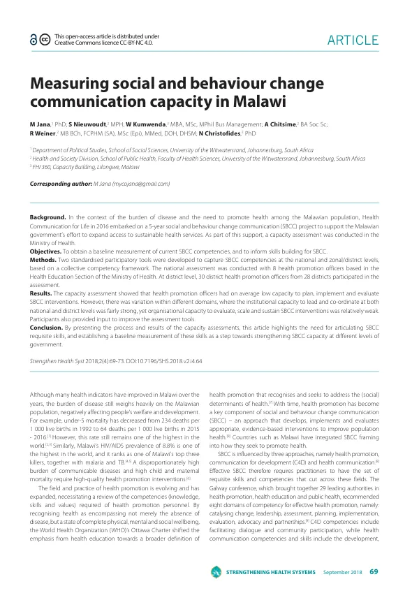 Strengthening Health Systems: Measuring Social and Behaviour Change Communication Capacity in Malawi