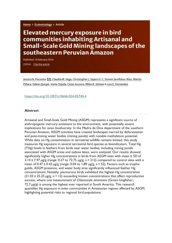Mercury Exposure in Avian Communities in Amazonian Regions Affected by Artisanal and Small-Scale Gold Mining
