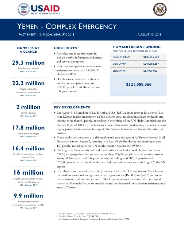 Yemen - Complex Emergency Fact Sheet #10, Fiscal Year (FY) 2018