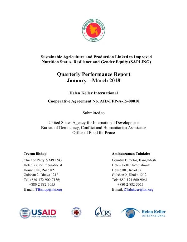 Sustainable Agriculture and Production Linked to Improved Nutrition Status, Resilience and Gender Equity (SAPLING) Quarterly Performance Report January – March 2018