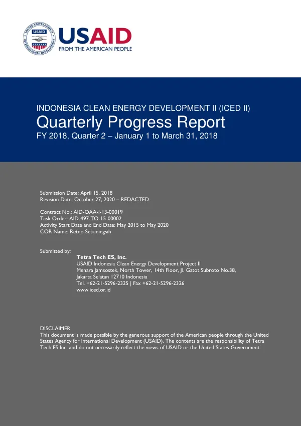 Indonesia Clean Energy Development II (ICED II) Quarterly Progress Report FY 2018, Quarter 2 – January 1 to March 31, 2018