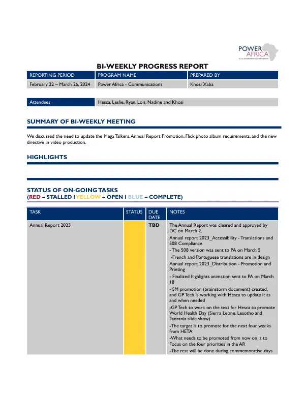 BI-WEEKLY PROGRESS REPORT