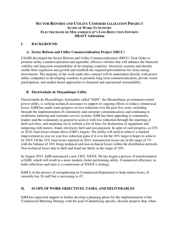 Sector Reform and Utility Commercialization Project: Scope of Work to Support Electricidade de Moçambique EP's Loss Reduction Efforts