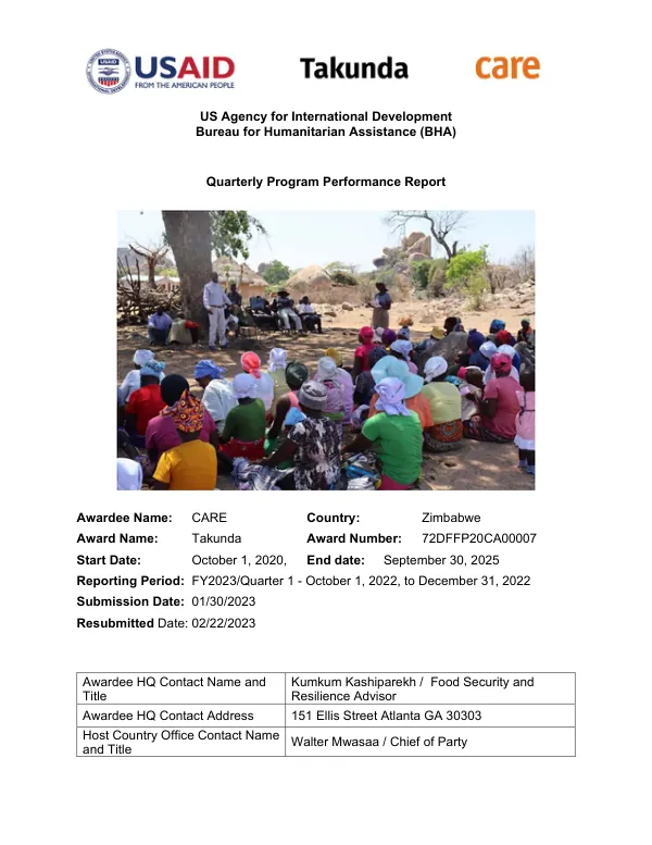 Quarterly Program Performance Report: CARE Zimbabwe Takunda #72DFFP20CA00007 FY23Q1